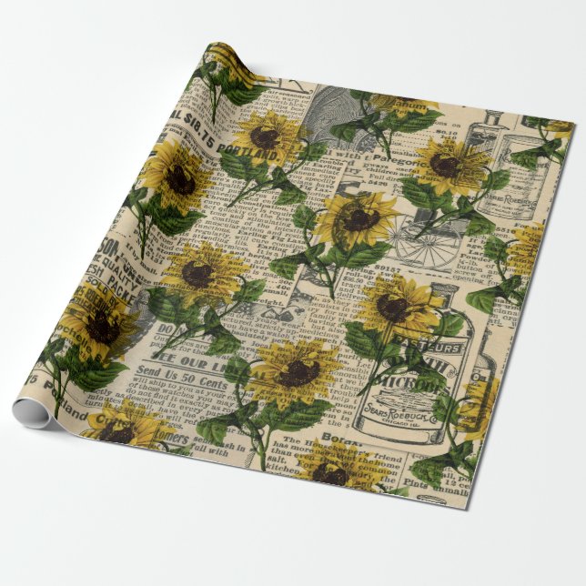 Vintage och blommor presentpapper (Utrullad)