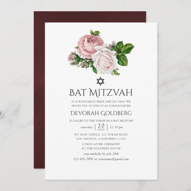 Vintage  och Burgundisk Blommigt Bat mitzvah Inbjudningar (Fram/baksida)