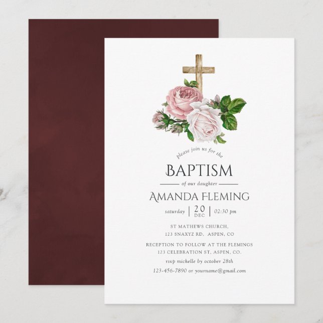 Vintage  och Burgundy Blommigt Baptism Inbjudningar (Fram/baksida)