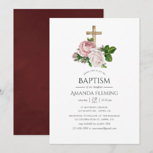 Vintage och Burgundy Blommigt Baptism Inbjudningar