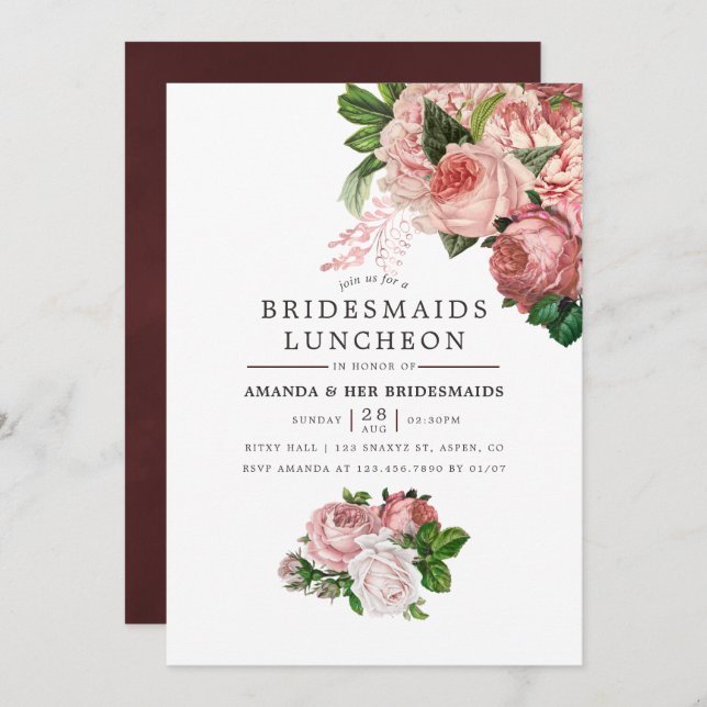 Vintage  och Burgundy Bridesmaids Luncheon Inbjudningar (Fram/baksida)