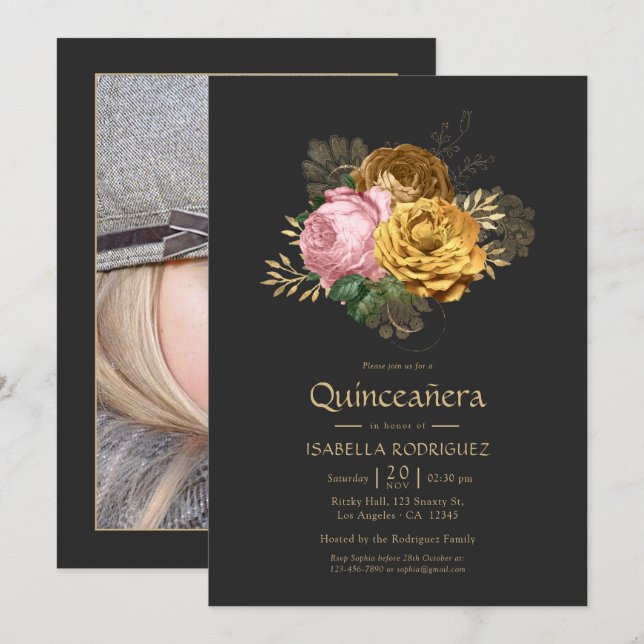 Vintage  och Guld Blommigt Quinceañera Photo Inbjudningar (Fram/baksida)