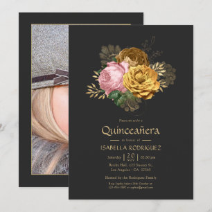 Vintage och Guld Blommigt Quinceañera Photo Inbjudningar