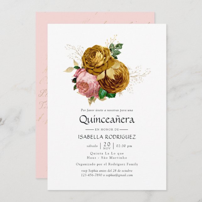 Vintage  och Guld Blommigt spanska Quinceañera Inbjudningar (Fram/baksida)