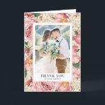 Vintage och Ivory Flowers Bröllop Photo Tack Kort<br><div class="desc">Skicka ett tack till familj och vänner för att de är en del av din speciella dag med anpassadets tack till bröllop-kort. Det har ett blommönster av vintage i rosa ros och peonier och elfenbensvattenområden. Anpassa bröllop-kortet i blommigt genom att lägga till foton och detaljer i bröllop. Den här vintagen...</div>