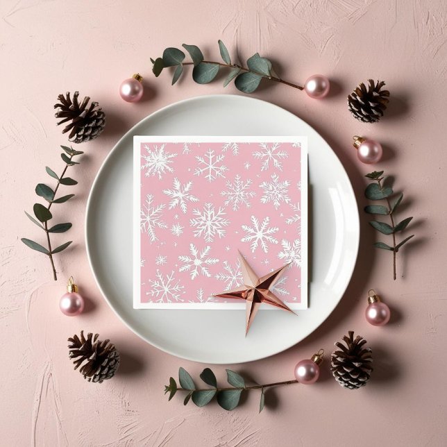 Vintage och modern Rosa Snöflingor Winter Pappersservett (Vintage and Modern Pink Snowflakes Winter Napkins)