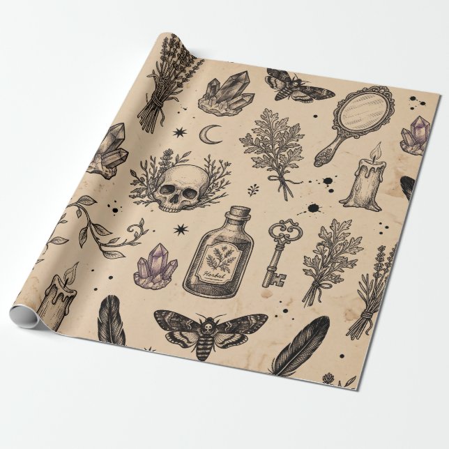 Vintage Ockult Apotekars Skalle & Moth Presentpapper (Utrullad)