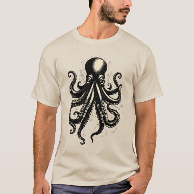 Vintage Octopus Curious Tentacles Ink Illustration T Shirt (Framsida)