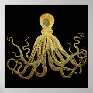 Vintage Octopus Guld Svarta Bläck Kustvatten i Sva Poster