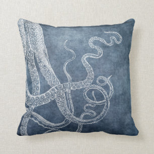 Vintage Octopus Twilight Blue Denim Vattenfärg Kudde