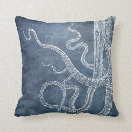 Vintage Octopus Twilight Blue Denim Vattenfärg Kudde