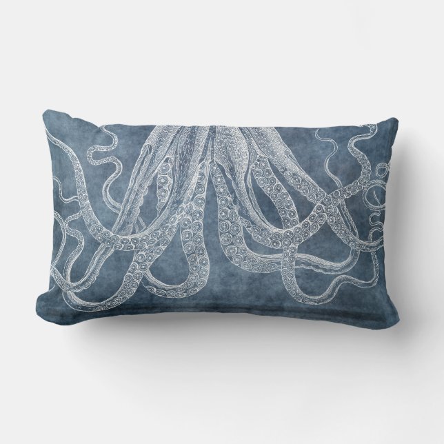 Vintage Octopus Twilight Blue Denim Vattenfärg Lumbarkudde (Framsida)