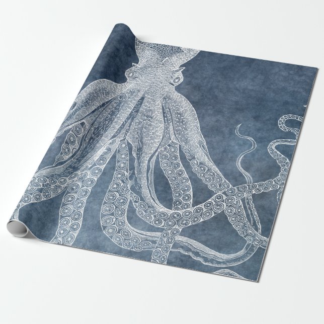Vintage Octopus Twilight Blue Denim Vattenfärg Presentpapper (Utrullad)