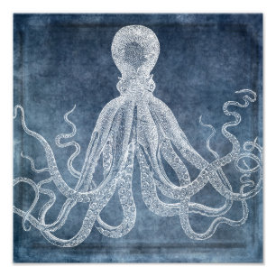 Vintage Octopus Twilight Blue Denim Watercolor Fototryck