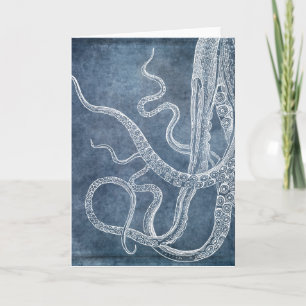 Vintage Octopus Twilight Blue Denim Watercolor Kort