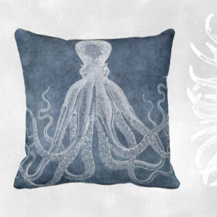 Vintage Octopus Twilight Blue Denim Watercolor Kudde