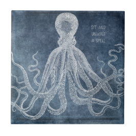 Vintage Octopus Twilight Blue Watercolor Quote Kakelplatta