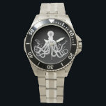 Vintage Octopus White on Black Armbandsur<br><div class="desc">Den här klockan innehåller en vintage som illustrerar en bläckfisk i vitt på en svart bakgrund.</div>