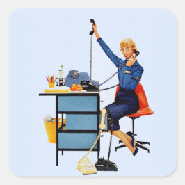 Vintage Office Retro Working Woman Art Fyrkantigt Klistermärke
