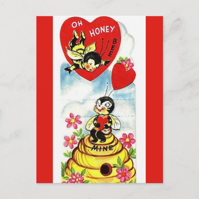 Vintage Oh honey Bee Mine Valentine Vykort (Framsida)