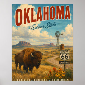 Vintage-Oklahoma-resemapposters med bison och väg Poster