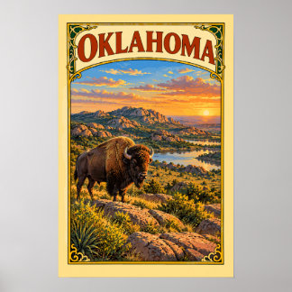 Vintage Oklahoma Wichita Mountains Bison Resa Poster