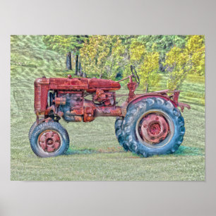 Vintage Old Red Rustim Farm Tractor Poster