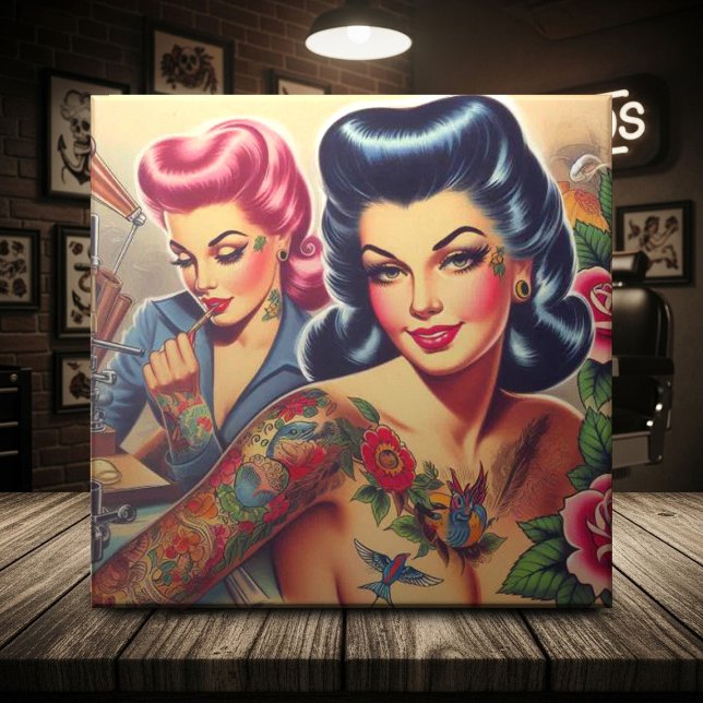 Vintage Old school Tattoo Girls Kakelplatta (Skapare uppladdad)