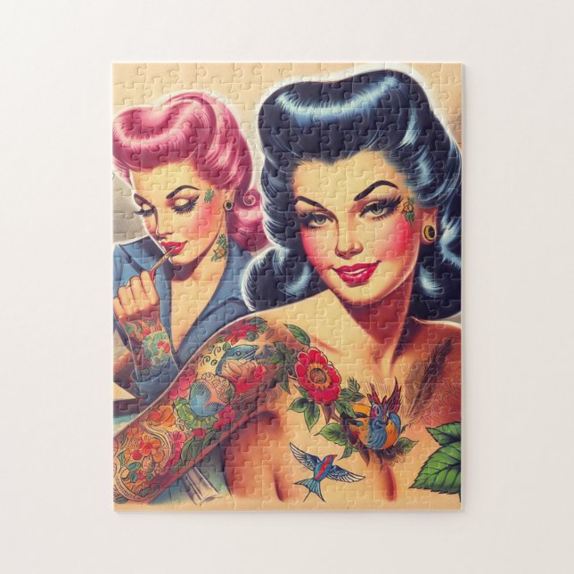 Vintage Old school Tattoo Girls Pussel (Vertikal)