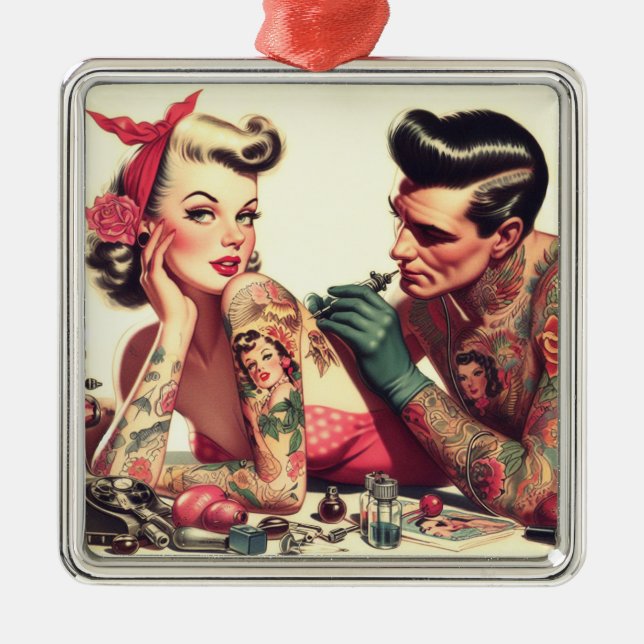 Vintage Old school Tattoo lite illustration Julgransprydnad Metall (Framsidan)