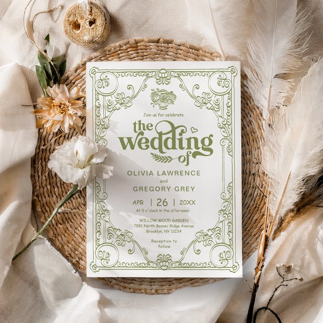 Vintage Oliv grönt Antique bröllop Inbjudningar (Skapare uppladdad)