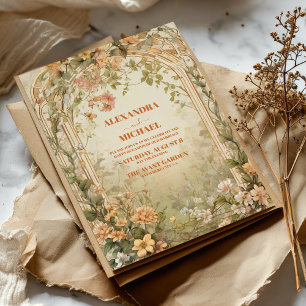 Vintage Oliv grönt Blommigten Art nouveau Bröllop Inbjudningar