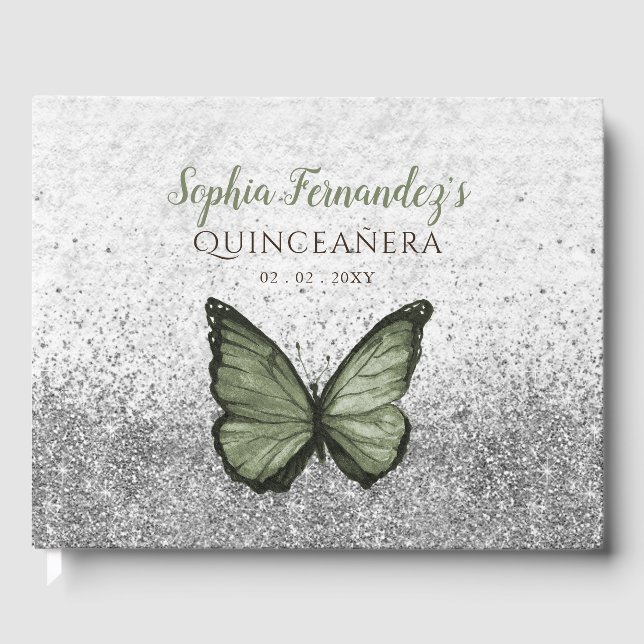 Vintage Olive Sage Silver Butterfly Quinceañera Gästböcker (Framsida)