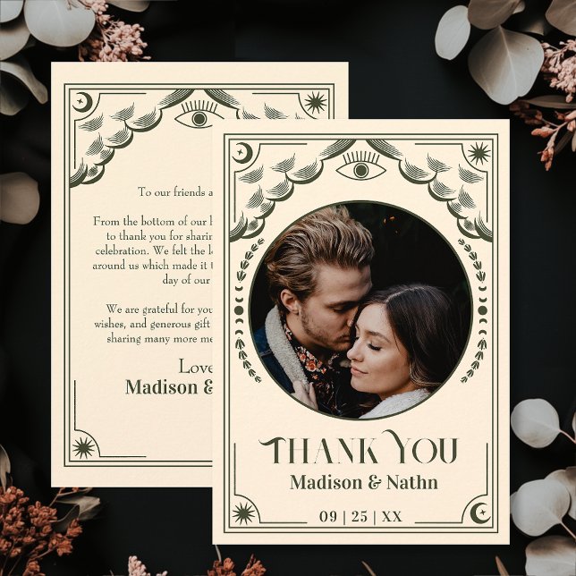 Vintage Olive Tarot Card Photo Bröllop Tack (Skapare uppladdad)