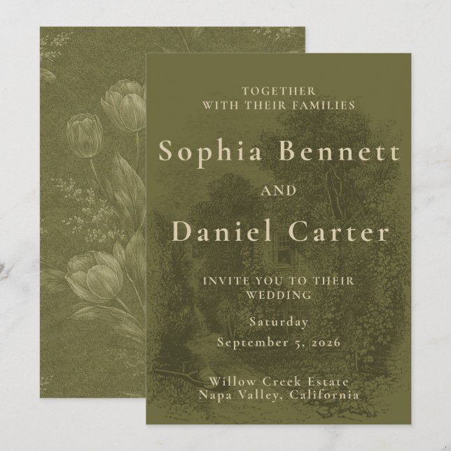 Vintage Olivgrön Bröllop Inbjudningar (Fram/baksida)