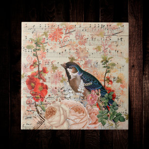 Vintage Orange Blue Blommigt Bird Musical Ephemera Kakelplatta