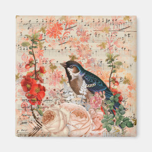 Vintage Orange Blue Blommigt Bird Musical Ephemera Magnet