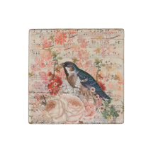 Vintage Orange Blue Blommigt Bird Musical Ephemera
