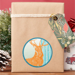 Vintage Orange Buck Hjort Aqua Birch Träd Snowflak Runt Klistermärke