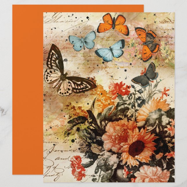 Vintage Orange Butterflies Collage Scrapbook Pappe (Fram/baksida)