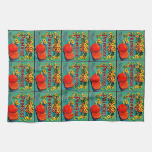Vintage orange frukt annons etikett grönt röd kökshandduk