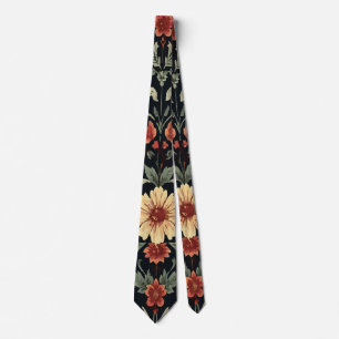 Vintage orange, gul och grön blomster på svart slips