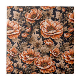 Vintage Orange Poppy Blommigt Black Kakelplatta