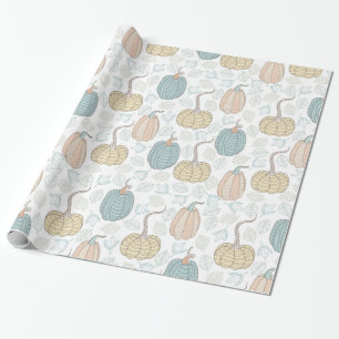 Vintage Orange Teal Pumpkins Höstlöv på Vitt Presentpapper