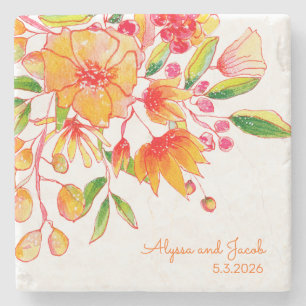 Vintage Orange Vattenfärgsblommor, Personlig Stenunderlägg