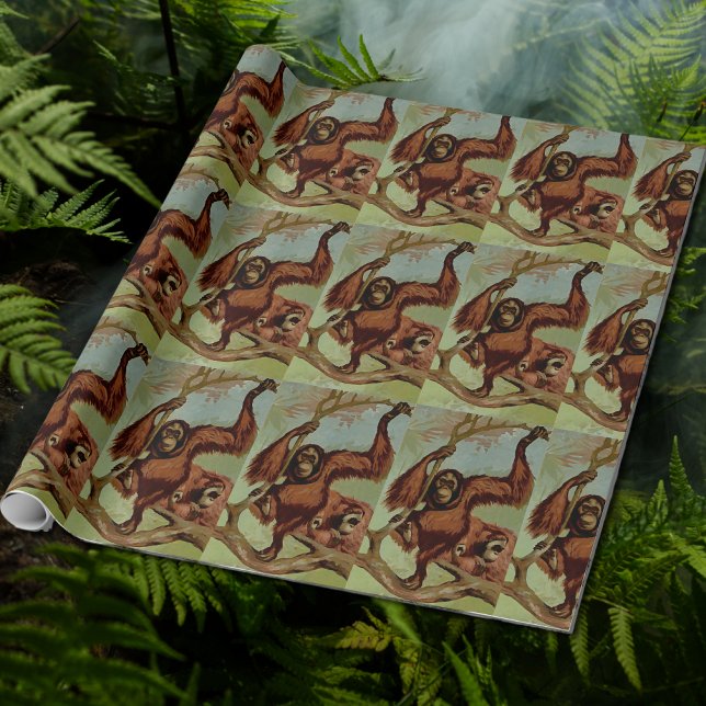 Vintage orangutaner på träd presentpapper (Skapare uppladdad)