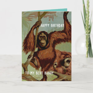 Vintage orangutaner vid träd-Grattis på födelsedag Kort