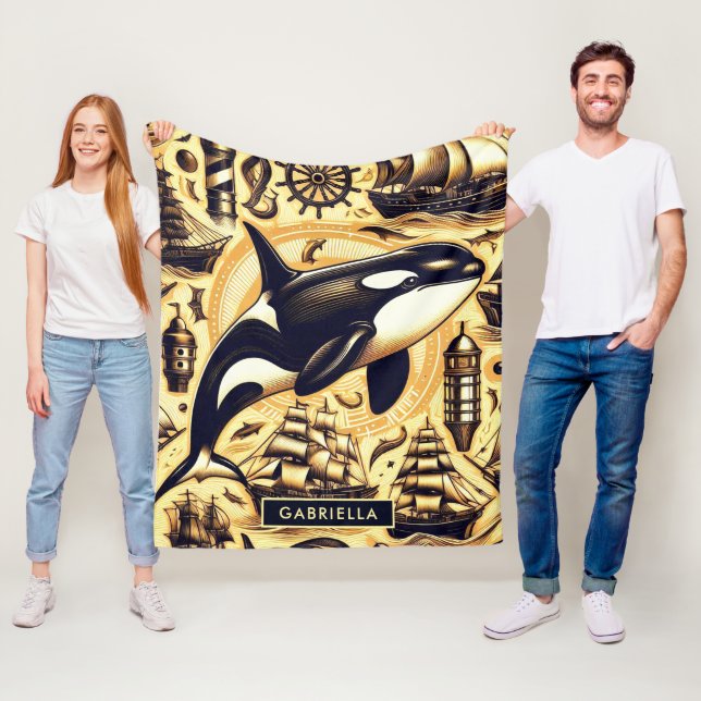 Vintage Orca Nautical Mönster Fleecefilt (På plats)