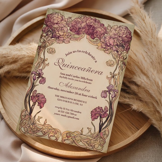 Vintage Orchid Art Nouveau Quinceañera Inbjudningar (Skapare uppladdad)