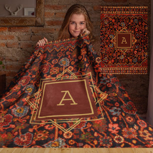 Vintage Oriental Matta Monogram Red Burgundy Guld Fleecefilt